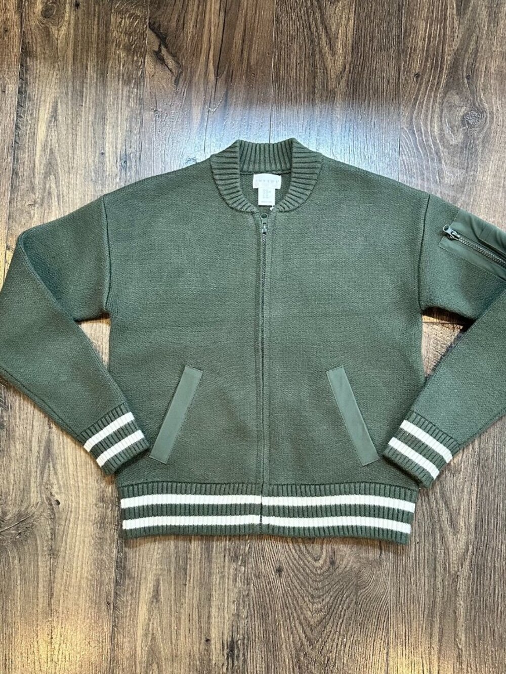 EUC Women's Tweeds Olive Green Knit Bomber Jacket, Full Zip Sweater, Size: XS